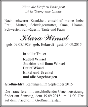 Traueranzeige von Klara Winsel von Thüringer Allgemeine, Thüringische Landeszeitung