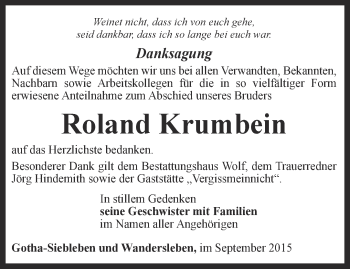 Traueranzeige von Roland Krumbein von Ostthüringer Zeitung, Thüringische Landeszeitung