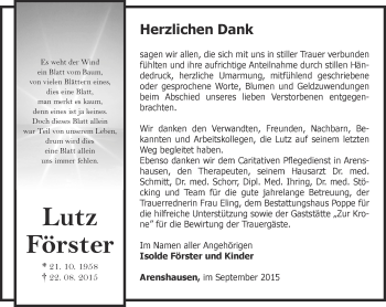 Traueranzeige von Lutz Förster von Thüringer Allgemeine