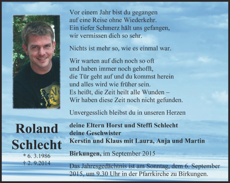  Traueranzeige für Roland Schlecht vom 02.09.2015 aus Thüringer Allgemeine