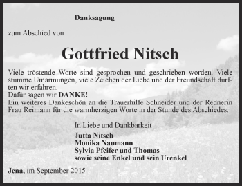 Traueranzeige von Gottfried Nitsch von Ostthüringer Zeitung, Thüringische Landeszeitung