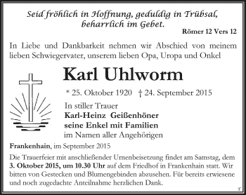 Traueranzeige von Karl Uhlworrn von Thüringer Allgemeine