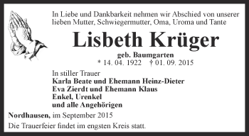 Traueranzeige von Lisbeth Krüger von Thüringer Allgemeine