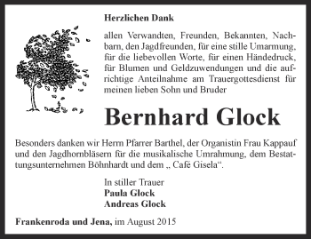 Traueranzeige von Bernhard Glock von Thüringer Allgemeine, Thüringische Landeszeitung