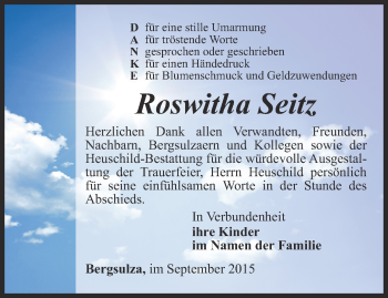 Traueranzeige von Roswitha Seitz      von Thüringer Allgemeine, Thüringische Landeszeitung