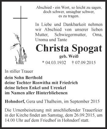 Traueranzeige von Christa Spogat von Ostthüringer Zeitung