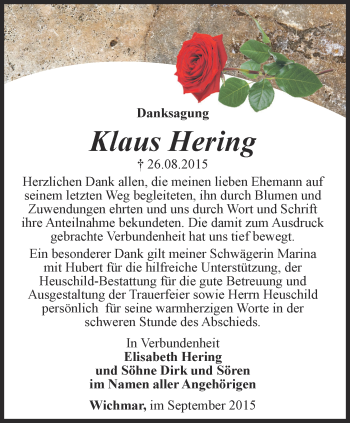 Traueranzeige von Klaus Hering von Ostthüringer Zeitung, Thüringische Landeszeitung