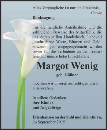 Traueranzeige von Margot Wenig von Thüringer Allgemeine, Thüringische Landeszeitung