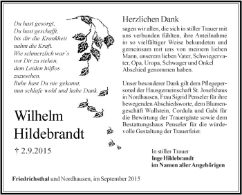 Traueranzeige von Wilhelm Hildebrandt von Thüringer Allgemeine
