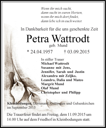 Traueranzeige von Petra Wattrodt von Thüringer Allgemeine