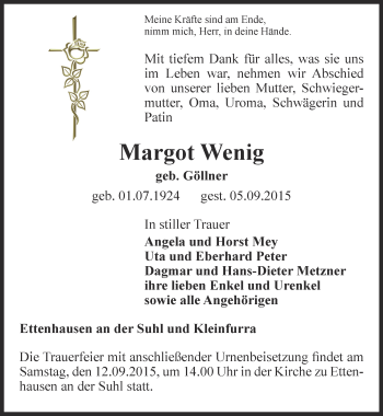 Traueranzeige von Margot Wenig von Thüringer Allgemeine, Thüringische Landeszeitung