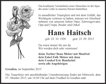 Traueranzeige von Hans Haitsch von Thüringer Allgemeine