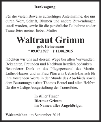 Traueranzeige von Waltraut Grimm von Thüringer Allgemeine, Thüringische Landeszeitung