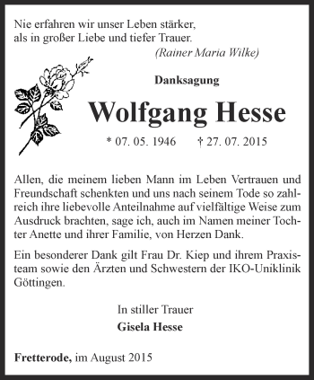 Traueranzeige von Wolfgang Hesse von Thüringer Allgemeine