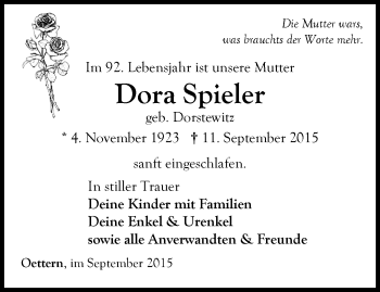 Traueranzeige von Dora Spieler von Thüringer Allgemeine, Thüringische Landeszeitung