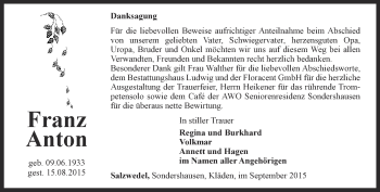 Traueranzeige von Franz Anton von Thüringer Allgemeine