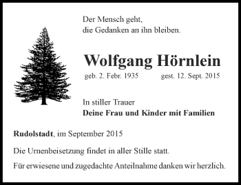 Traueranzeige von Wolfgang Hörnlein von Ostthüringer Zeitung