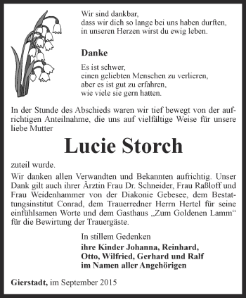 Traueranzeige von Lucie Storch von Ostthüringer Zeitung, Thüringische Landeszeitung