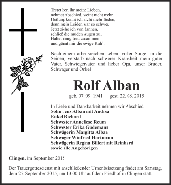 Traueranzeige von Rolf Alban von Thüringer Allgemeine