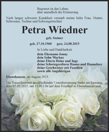 Traueranzeige von Petra Wiedner von Thüringer Allgemeine, Thüringische Landeszeitung