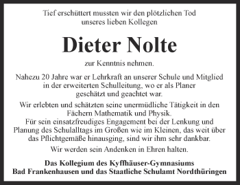 Traueranzeige von Dieter Nolte von Thüringer Allgemeine