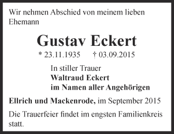 Traueranzeige von Gustav Eckert von Thüringer Allgemeine