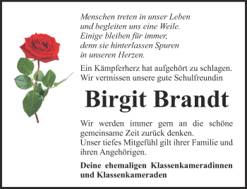 Traueranzeige von Birgit Brandt von Ostthüringer Zeitung, Thüringische Landeszeitung