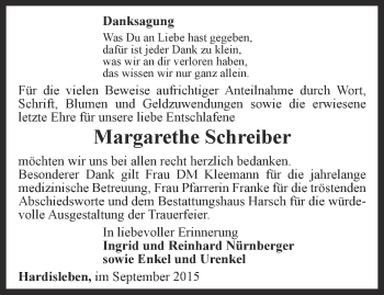 Traueranzeige von Margarethe Schreiber von Thüringer Allgemeine