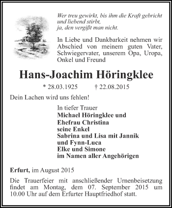 Traueranzeige von Hans-Joachim Höringklee von Thüringer Allgemeine, Thüringische Landeszeitung