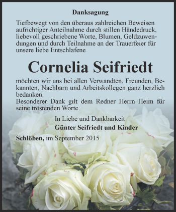 Traueranzeige von Cornelia Seifriedt von Ostthüringer Zeitung