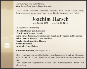 Traueranzeige von Joachim Harsch von Thüringer Allgemeine