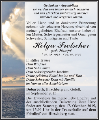 Traueranzeige von Helga Frotscher von Ostthüringer Zeitung