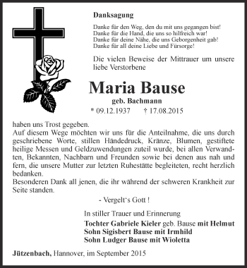 Traueranzeige von Maria Bause von Thüringer Allgemeine