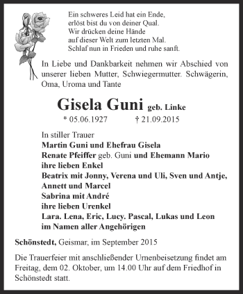 Traueranzeige von Gisela Guni von Thüringer Allgemeine, Thüringische Landeszeitung