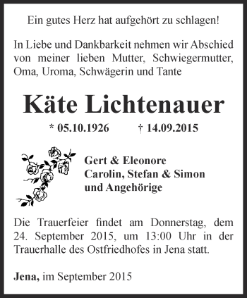 Traueranzeige von Käte Lichtenauer von Ostthüringer Zeitung, Thüringische Landeszeitung