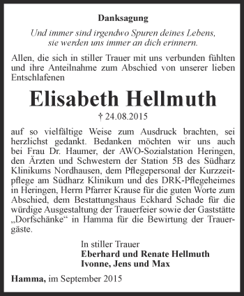 Traueranzeige von Elisabeth Hellmuth von Thüringer Allgemeine