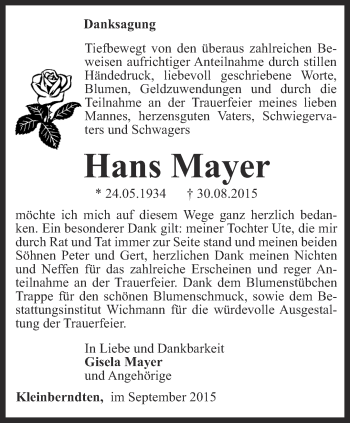 Traueranzeige von Hans Mayer von Thüringer Allgemeine