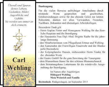 Traueranzeige von Carl Wehling von Thüringer Allgemeine