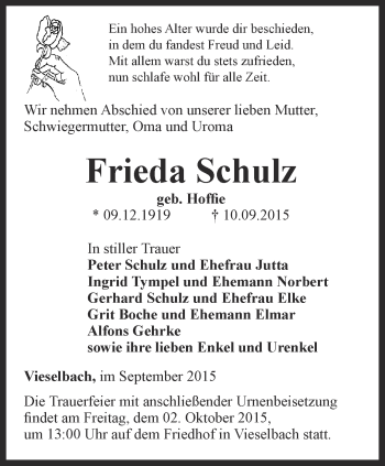 Traueranzeige von Frieda Schulz von Thüringer Allgemeine, Thüringische Landeszeitung