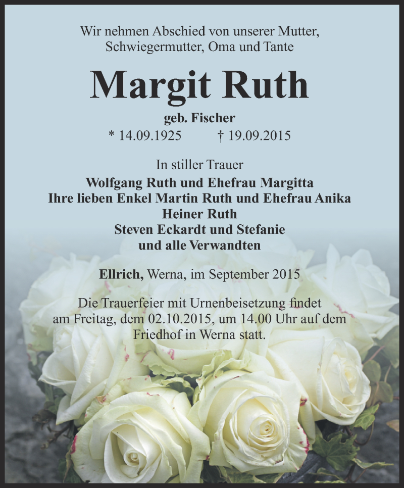  Traueranzeige für Margit Ruth vom 26.09.2015 aus Thüringer Allgemeine