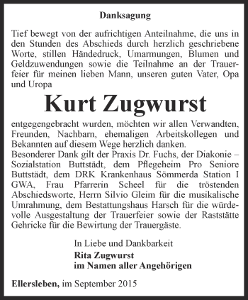 Traueranzeige von Kurt Zugwurst von Thüringer Allgemeine