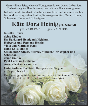 Traueranzeige von Käte Dora Heinig von Ostthüringer Zeitung