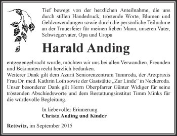 Traueranzeige von Harald Anding von Thüringer Allgemeine, Thüringische Landeszeitung