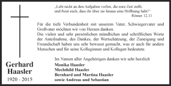 Traueranzeige von Gerhard Haasler von Thüringer Allgemeine, Thüringische Landeszeitung