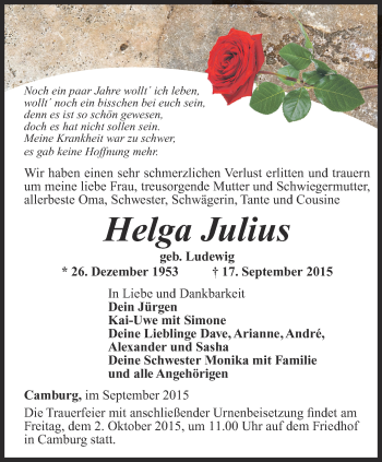 Traueranzeige von Helga Julius von Ostthüringer Zeitung, Thüringische Landeszeitung