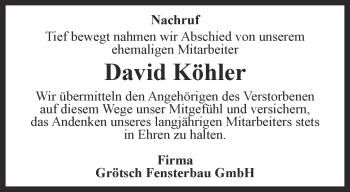 Traueranzeige von David Köhler von Ostthüringer Zeitung, Thüringische Landeszeitung