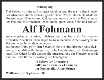 Traueranzeige von Alf Fohmann von Thüringer Allgemeine