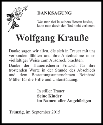 Traueranzeige von Wolfgang Krauße von Ostthüringer Zeitung