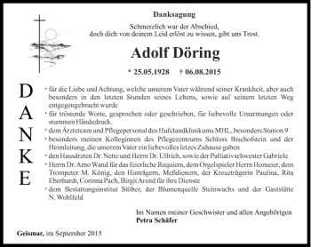 Traueranzeige von Adolf Döring von Thüringer Allgemeine