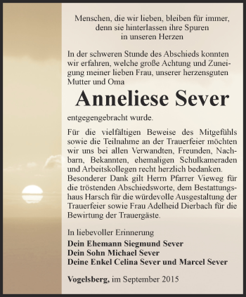 Traueranzeige von Anneliese Sever von Thüringer Allgemeine